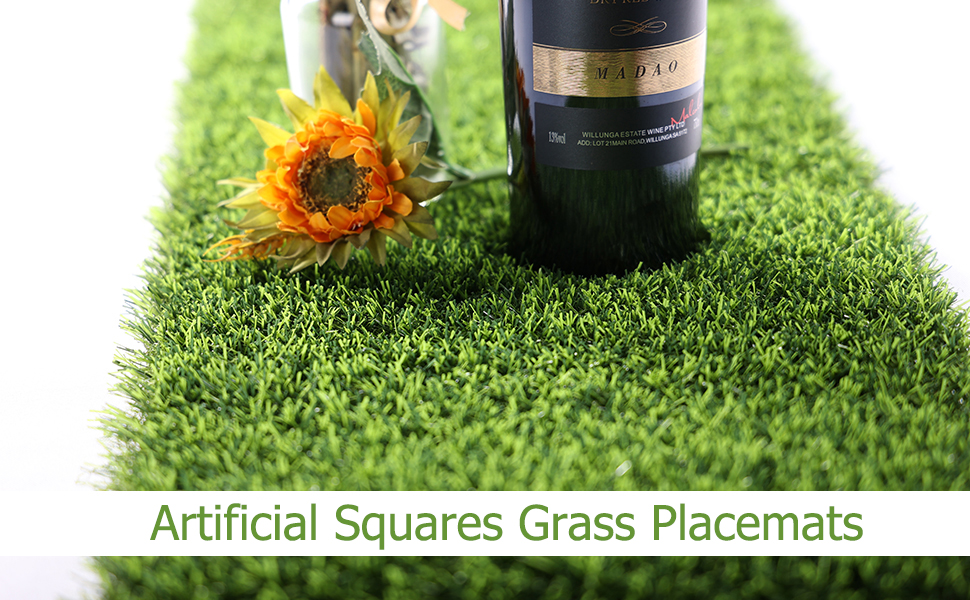 Kesfey Grass Squares Placemats 4 Packs 12 x 12 Artificial