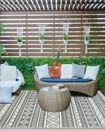 Cekene Outdoor Rug Waterproof Grey180x270cm Patio Rugs Outdoor Large Reversible RV Camping Mat Li...