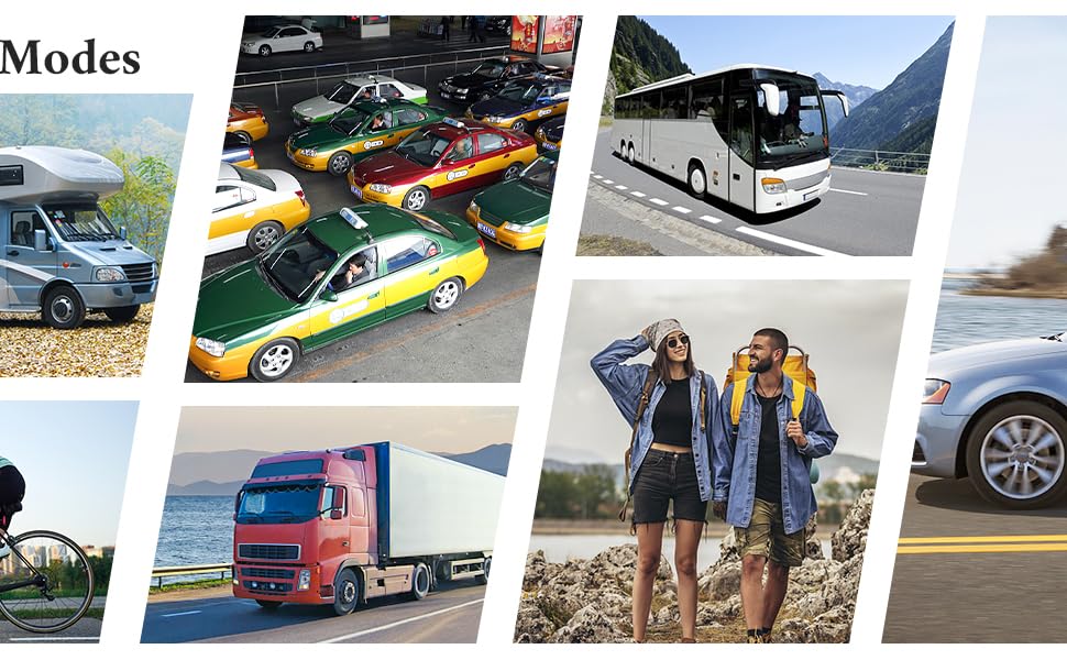 Collage of various transportation modes including cars, buses, trucks, and people traveling, showcasing different vehicle types and travel scenarios.