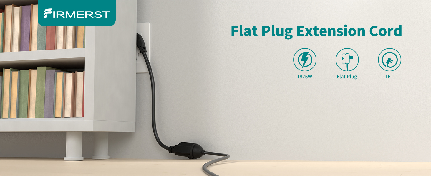 FIRMERST 1Ft Flat Plug 3 Prong Extension Cord 14 AWG Black