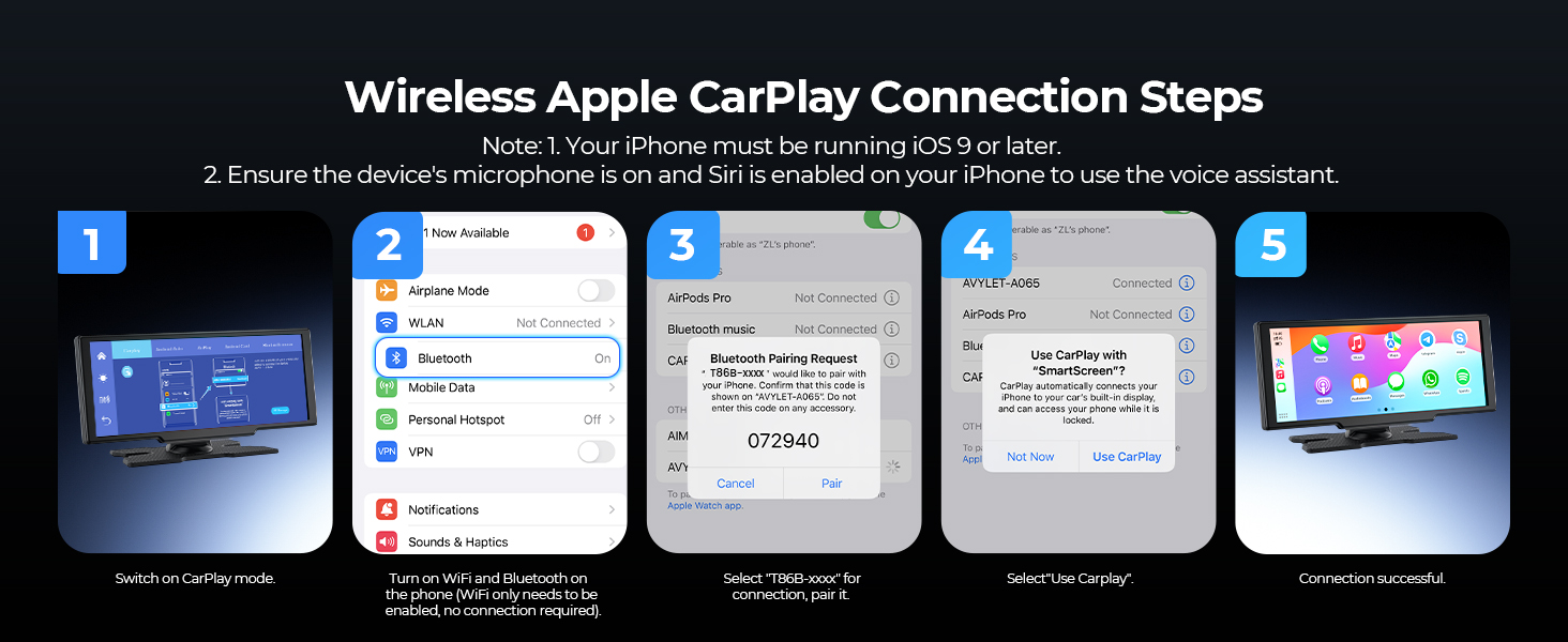 Step-by-step instruction guide showing five screenshots for wireless Apple CarPlay connection setup process.