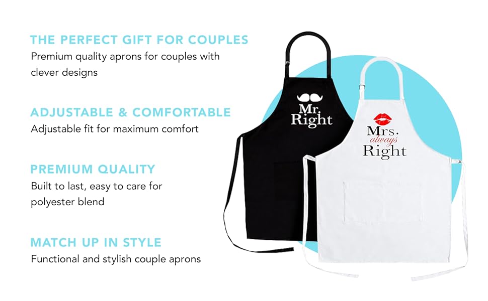 Nomsum Aprons for Couples - Mr. Right and Mrs. Always Right - Features and Benefits