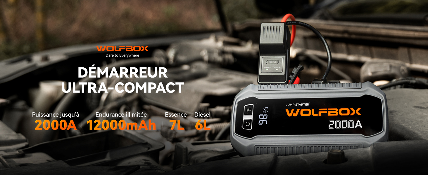 présenté dans le compartiment moteur de la voiture. L'affichage numérique indique « 2000A ». Le texte met en évidence « DÉMARREUR ULTRA-COMPACT » et les spécifications : « 2000A », « 12000mAh », « 7s », « 3L