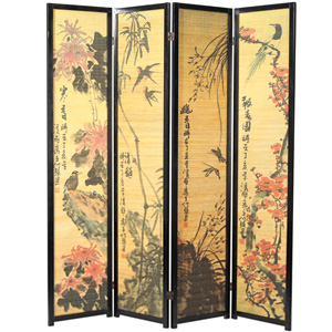 Decorative Chinese Calligraphy Design Wood & Bamboo Hinged 4 Panel Screen/Freestanding Room Divider