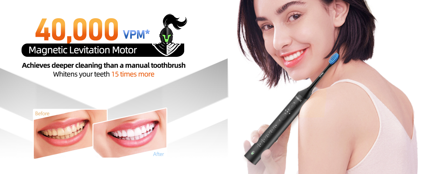 Electric toothbrush with 40,000 VPM magnetic levitation motor. Comparison shows deeper cleaning than manual brush. Woman demonstrating use on shoulder.