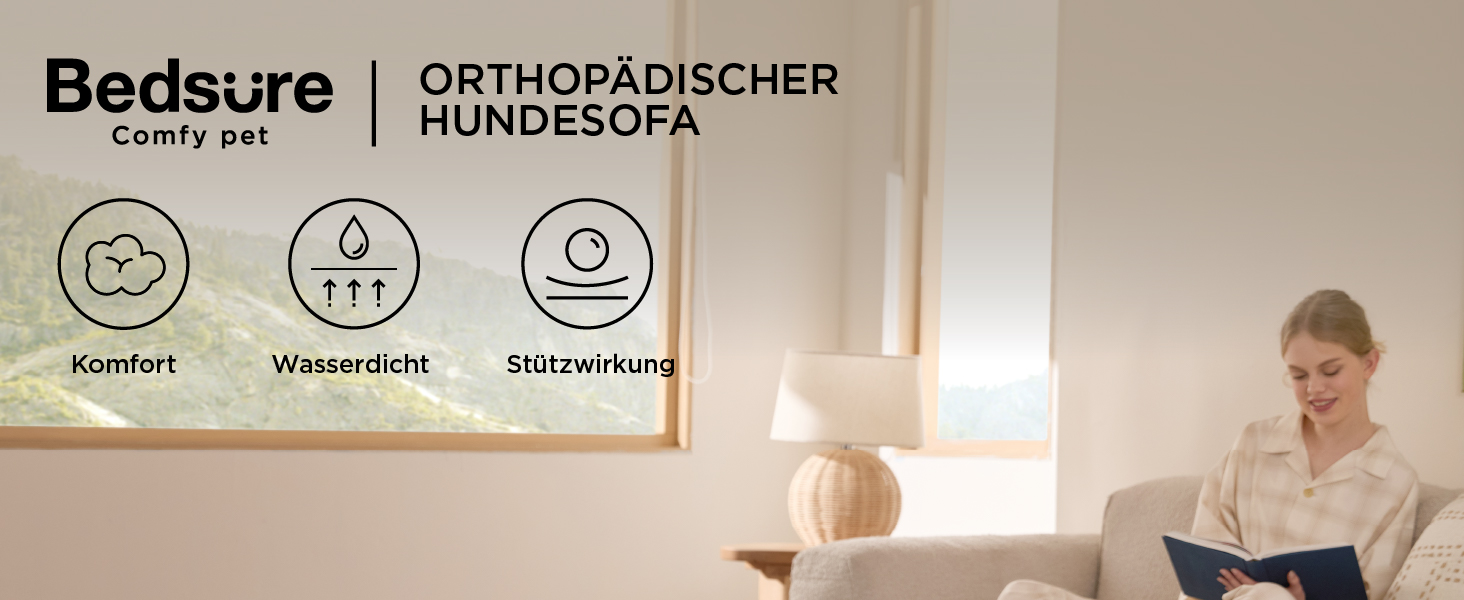 Der Text Lautet „Bedsure Orthopälscher hundesofa“. Innausausstattung MIT produktdisplay und drei krisförmigen symbolisieren, Die produktmerkmale Anzegen.