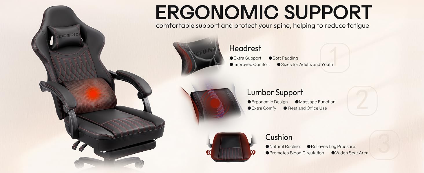 704f4ffe-6d83-4ae8-b83e-2c0aa4223616.__CR0,0,2928,1200_PT0_SX1464_V1___ Dowinx Gaming Chair Breathable PU Leather Gamer Chair with Footrest Massage Lumbar Support, Big and Tall Ergonomic Reclining Computer Chair with Pocket Spring Cushion for Adults Teens(Black)