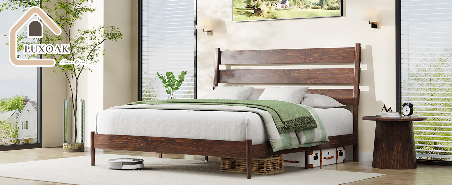 LUXOAK Queen Size Solid Wood Platform Bed Frame with