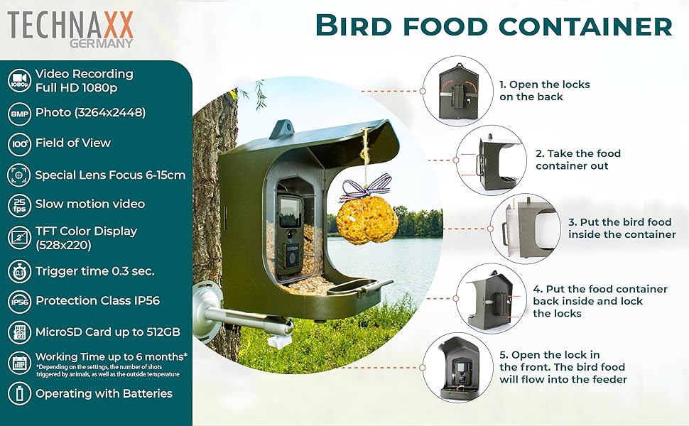 Technaxx Bird Feeder Camera Station with Treat Hanging, 150 g Box for
