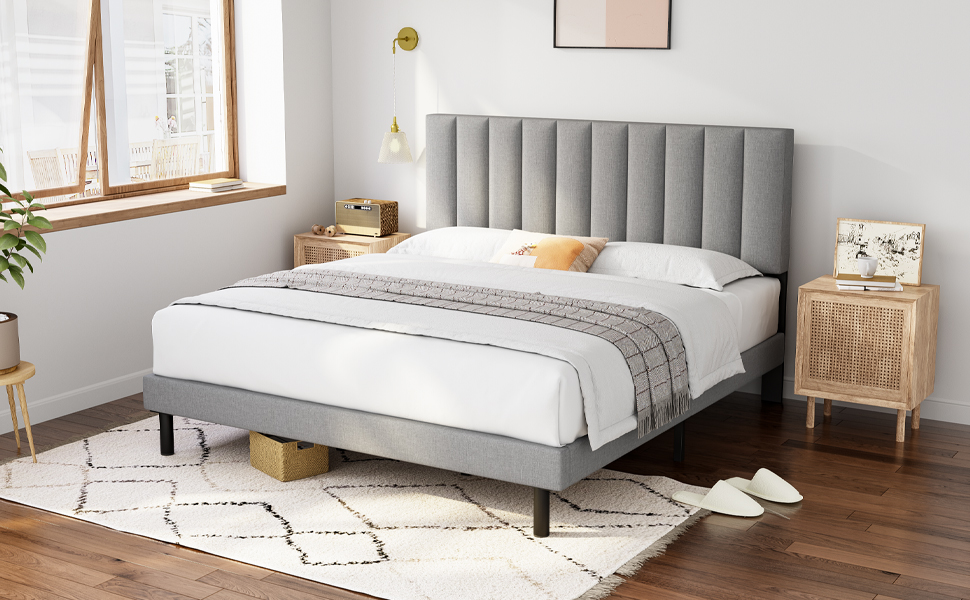 King Size Bed Frame, Molblly King Bed Frame with Upholstered Headboard