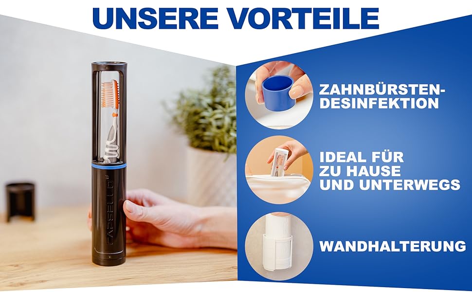 Die Vorteile, Zahnbürstendesinfektion, Wandhalterung, Reisezahnbürste, Zahnbürstenbox, Travelcase,