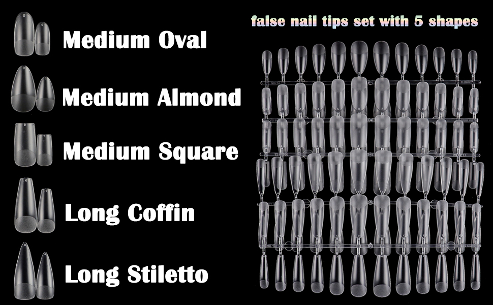 false nail tips set with medium oval almond square long coffin stiletto shapes