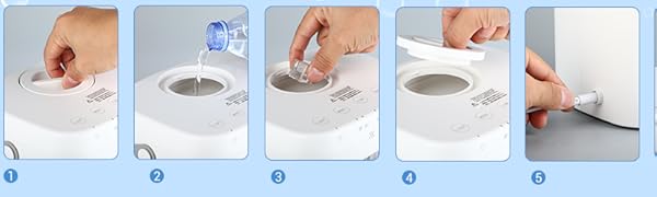 Step-by-step instructions for using white electronic equipment. Shows filling, pressing buttons and adjusting settings on a compact, round device with a digital display.