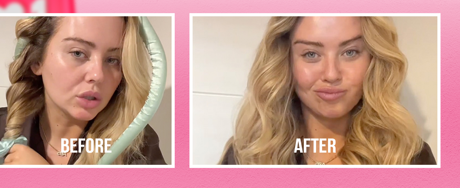 Before and after comparison photos showing hair styling results, displayed in a side-by-side format with pink border.