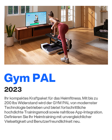 Woman using a compact exercise machine with a screen in front of a TV. The machine appears to be a flat platform with resistance bands for strength training at home.