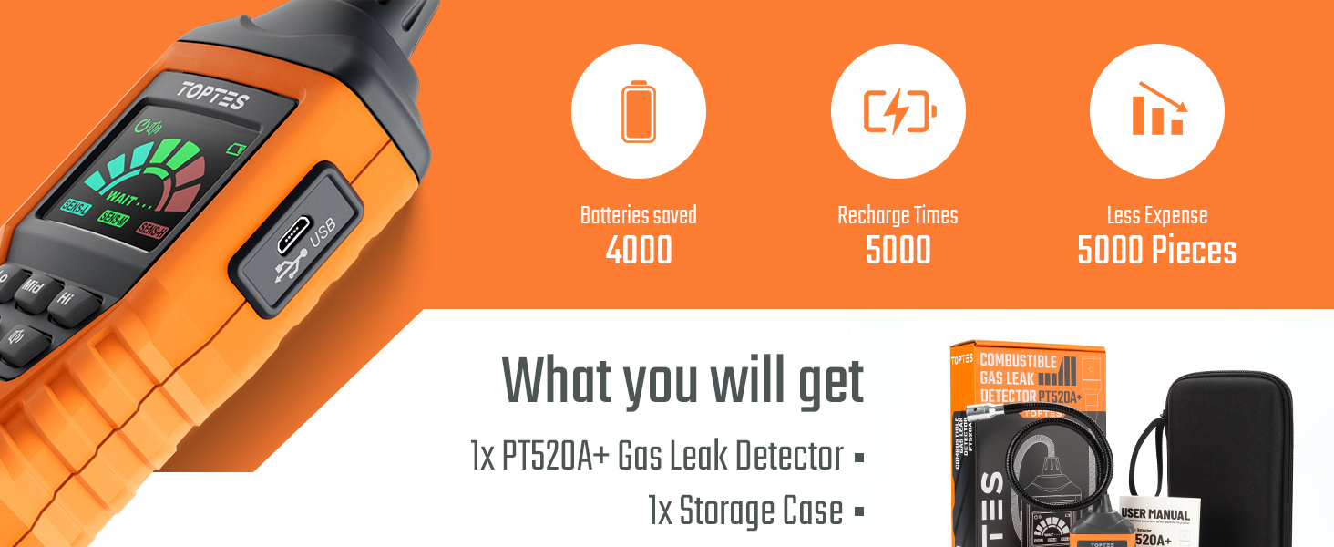 TopTes PT520A+ Rechargeable Gas Leak Detector, Natural Gas Detector