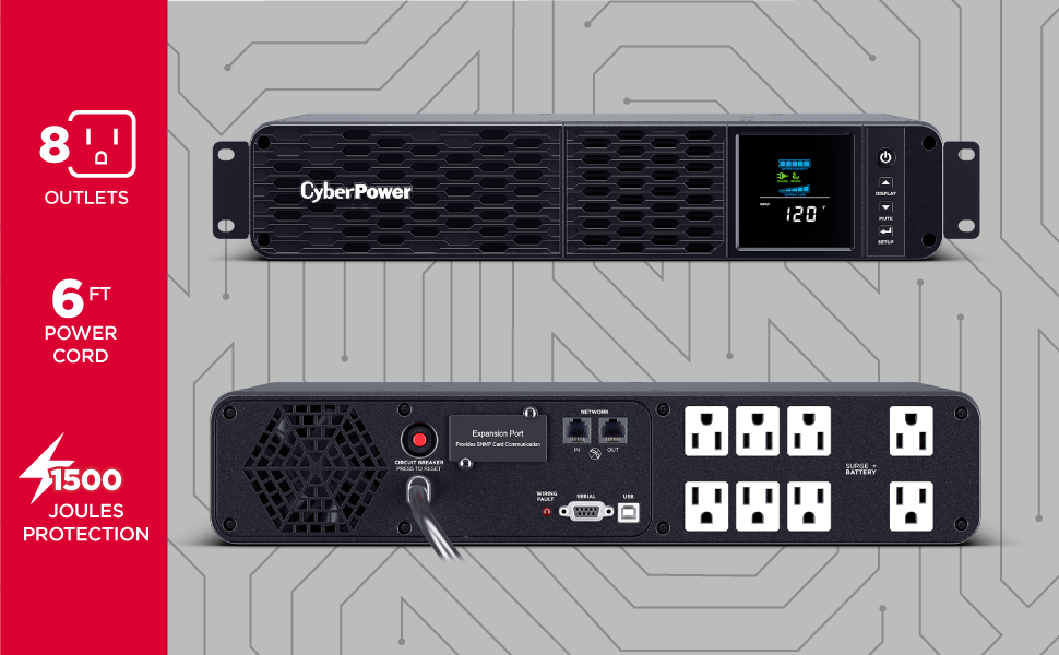 CyberPower CP1500PFCRM2U PFC Sinewave UPS System, 1500VA/1000W, 8 Outlets, AVR, Short Depth 2U