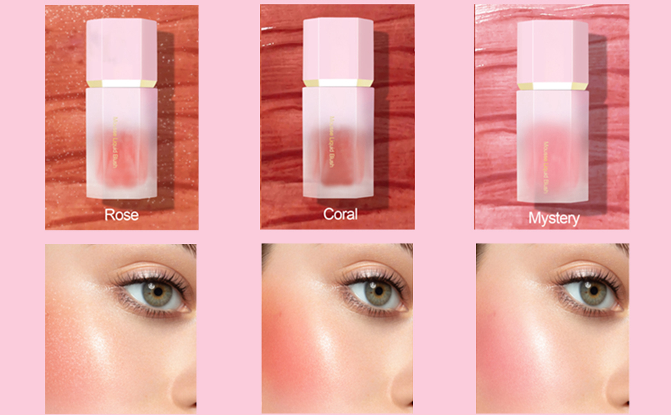 Three cosmetic product bottles labeled 'Rose', 'Coral', and 'Mystery', each paired with a close-up of an eye. The bottles contain light-colored liquid.