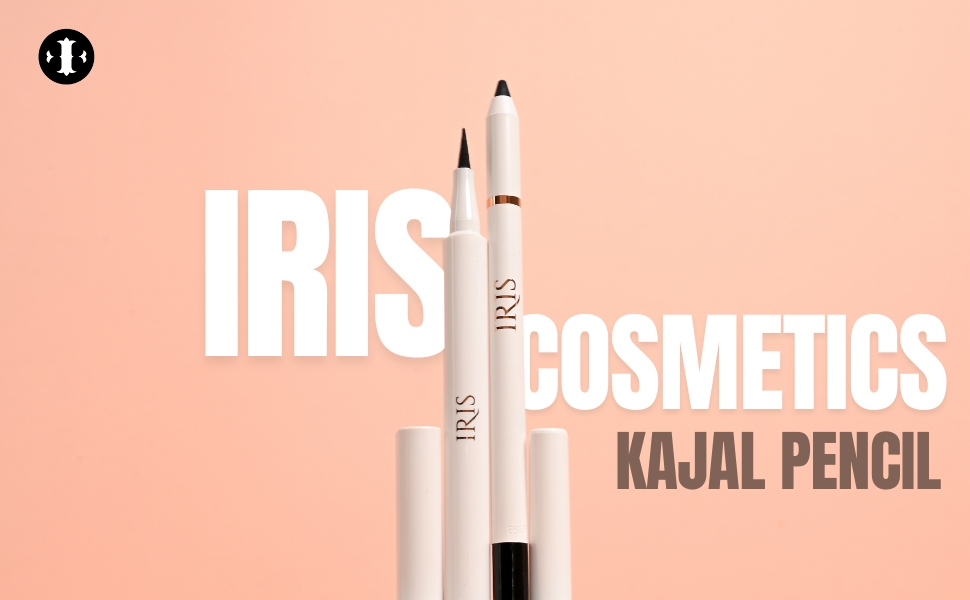 IRIS Cosmetics kajal pencil advertisement showing white makeup pencils against a peach background with bold brand text.