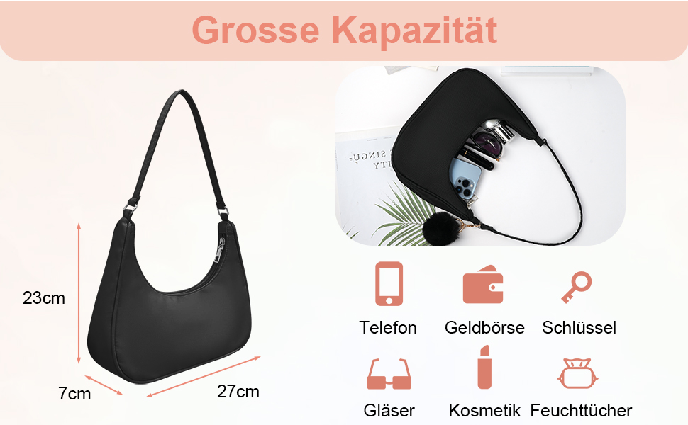 Black shoulder bag with dimensions 27x23x7cm. Icons show it can hold phone, wallet, keys, glasses, cosmetics, and tissues. Text 'Grosse Kapazität' (Large Capacity) visible.