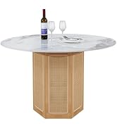 SIMTONAL Modern Round Dining Table Wood Kitchen Table with 47'' Faux Marble Tabletop for 4-6