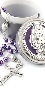HanlinCC Purple Pearl Beads Rosary Necklace with Metal Gift Box for Girl