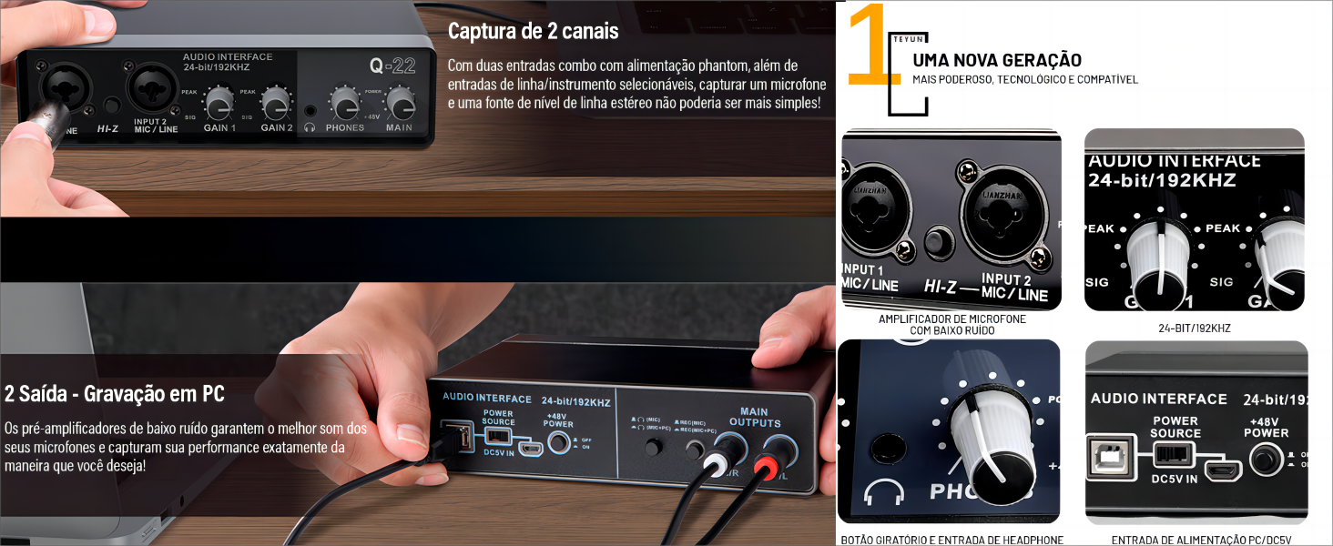 Interface de audio,placa de som profissional de canal USB 2.0 DC 5V de