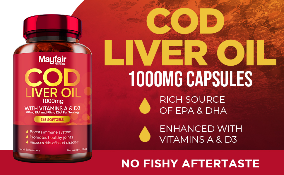 Cod Liver Oil Tablets 365 High Strength Fish Oil Omega 3 1000mg Capsules with 80mg EPA, 90mg