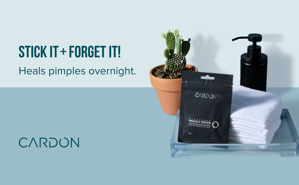 Koren skincare salicylic acid pimple patch in tray next to towels, soap and cactus.