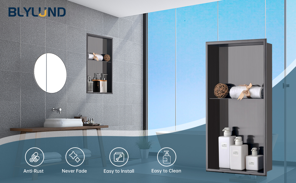 BLYLUND Shower Niche 12" x 24" NO Tile Needed,Gunmetal Black Double Shelf Organizer