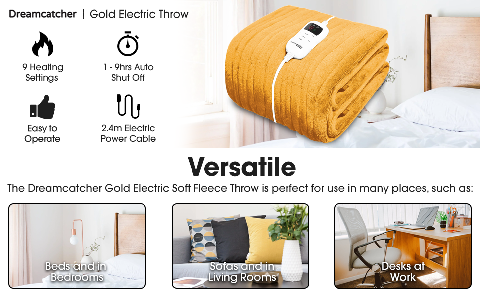 Dreamcatcher Electric Heated Throw Blanket 160 x 120cm, Machine Washable Soft Fleece Overblanket