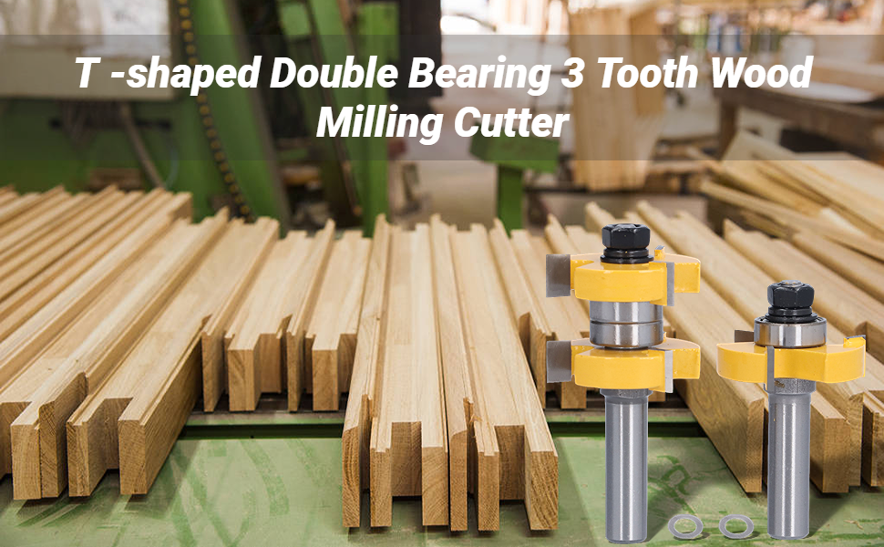 2Pcs Tongue and Groove Router Bits Set, 1/2" Shank 3 Teeth 2 Bearing