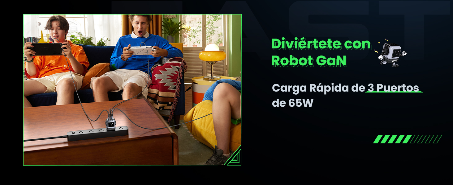Cargador 65W con mutipuertos 3 Puertos(2 USB C y 1 USB A)