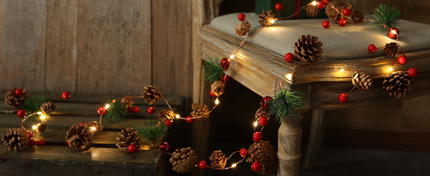 Christmas Garland with Lights, 6.6FT Pinecones Christmas String Lights