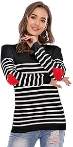 Women Striped Colorblock Sweaters Cute Red Heart Elbow Patchwork Pullovers