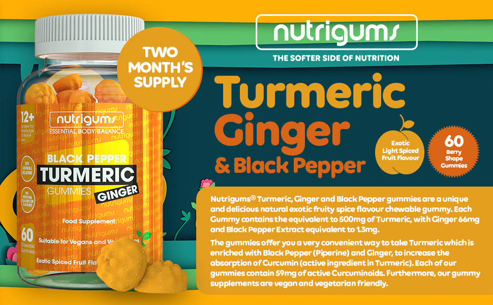 NUTRIGUMS® - Turmeric Complex 60 Vegan Gummies. Light Spiced Fruit - Best Turmeric Gummies With Black Pepper