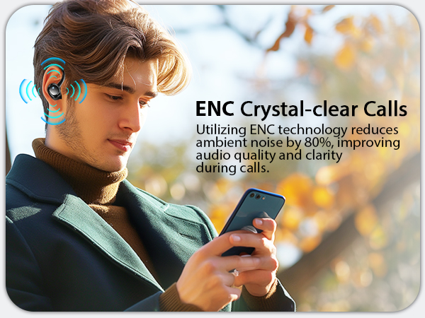 Person using smartphone with teal earbuds. Text overlay mentions 'ENC Crystal-clear Calls' and improved audio quality technology.