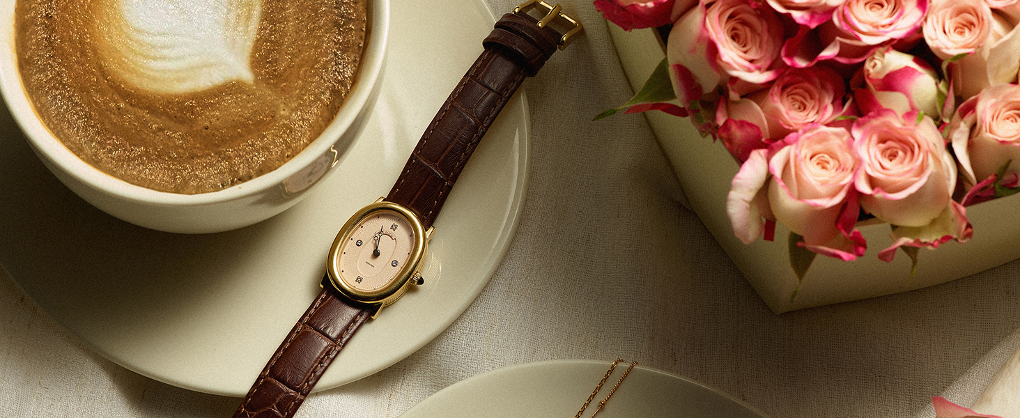 PASCAL Women&#39;s Oval Bubble Diamond Watch brown leather watch