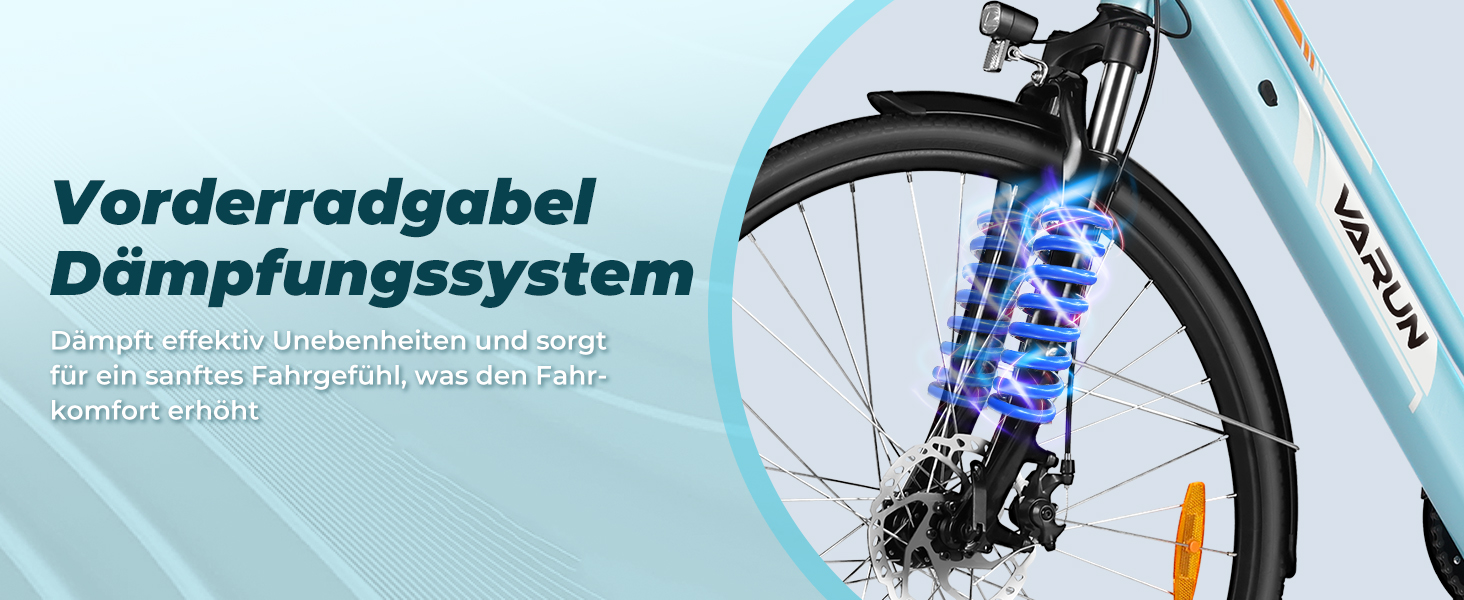 Nahaufnahme des Fahrrad-Vorderradgabelfederungssystems mit blauen Stoßdämpferkomponenten, die vor hellem Hintergrund sichtbar sind