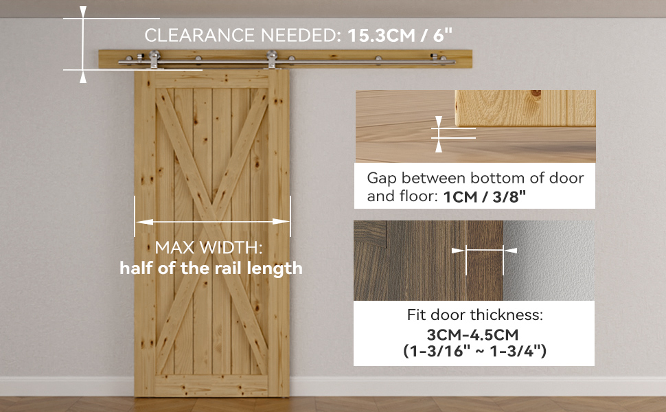 Technisches Diagramm mit den Abmessungen der Installation von Scheunentoren. Der Text lautet: „ERFORDERLICHER ABSTAND: 16,3 CM/6“, „MAXIMALE BREITE, Hälfte der Schienenlänge“, „Abstand zwischen Türunterseite und Boden 1 CM/3/8“.