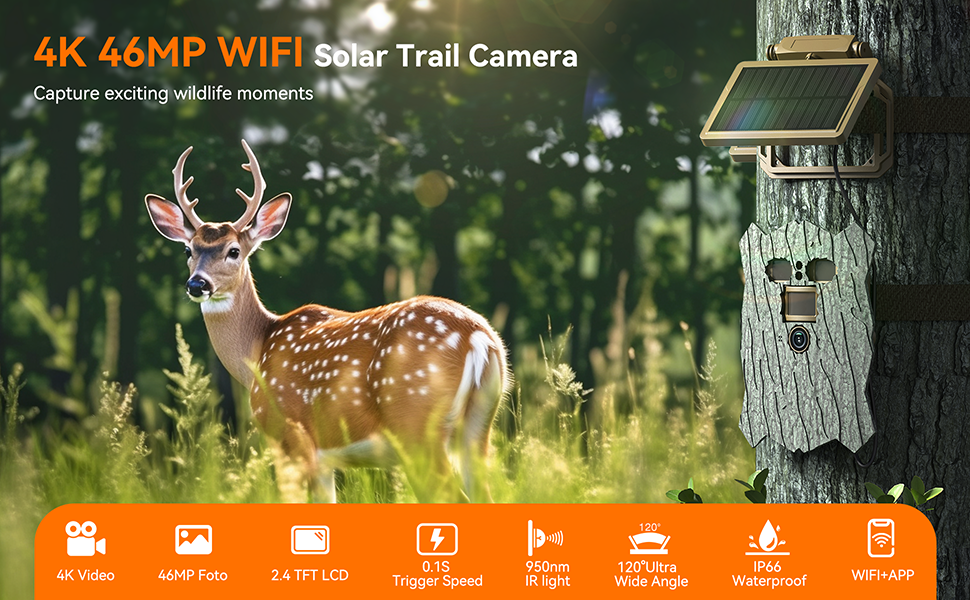 Solar Trail Camera, 4K 46MP UltraThin WiFi Bluetooth Game Camera with 950nm Night