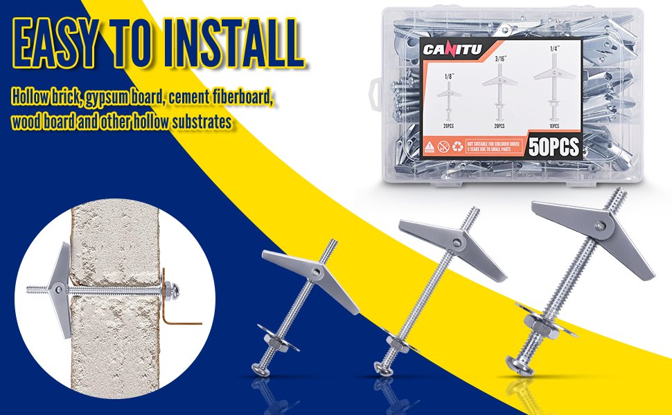 Canitu 50Pcs Toggle Bolt and Wing Nut Kit,1/8 Inch, 3/16Inch, 1/4Inch