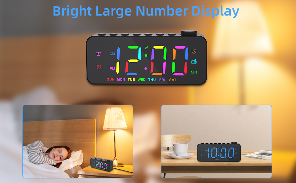 SPLITSKY Digital Alarm Clock for Bedroom with FM Radio,8Color Font