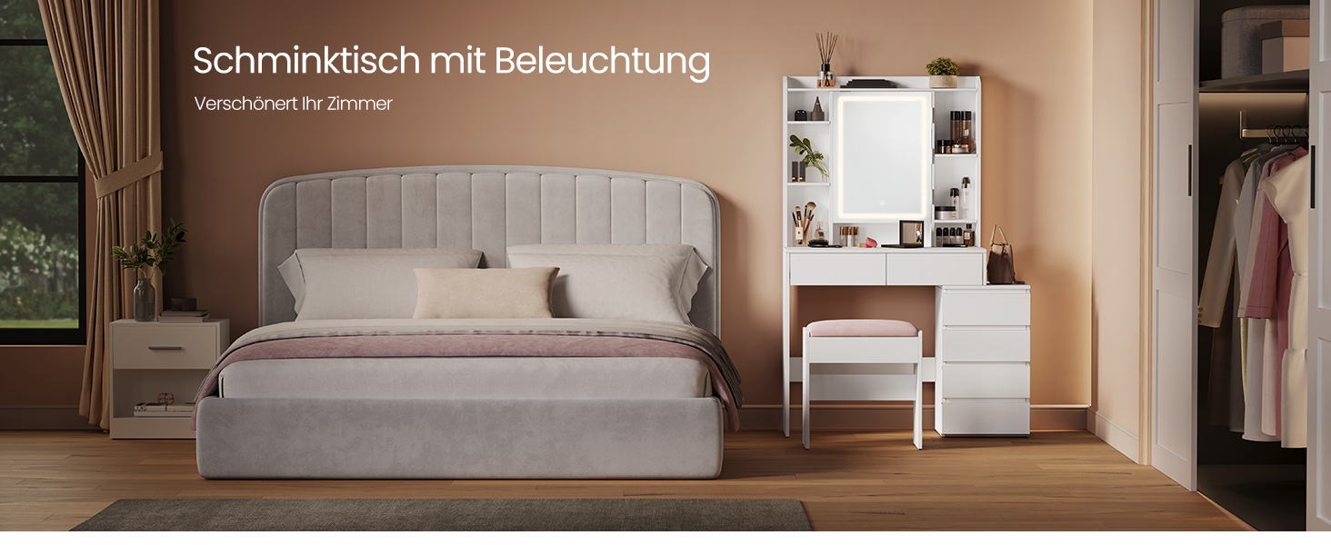 VASAGLE sminkasztal LED-világítással, székkel, felhőfehér színben
