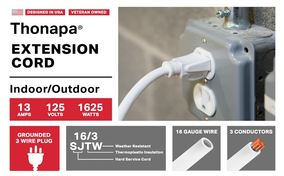 THONAPA 3 Ft White Extension Cord with 3 Prong 16/3 3
