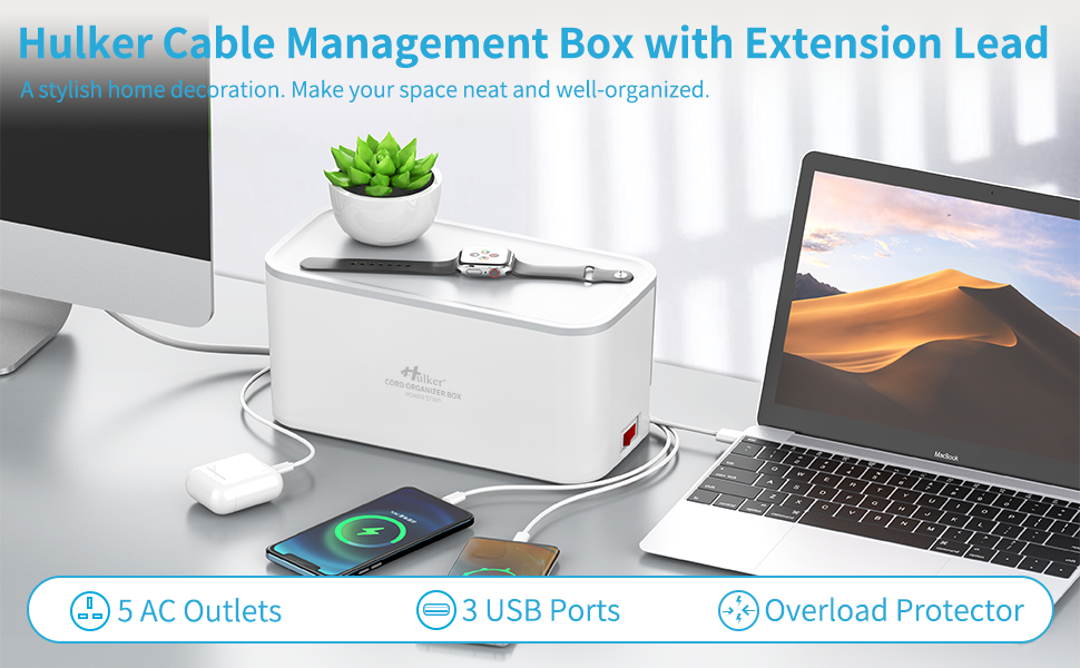 Hulker 5M Extension Lead with USB Slots, Cable Tidy Box 5 Way Outlets 3