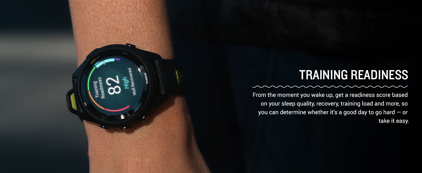 Garmin Forerunner 265 - Unlock Your Daily Training Potential with Readiness Insights Garmin Forerunner 265 smartwatch worn on a wrist, illuminating a vibrant Training Readiness score of 82 High Well Recovered, accompanied by insightful text on optimizing your day based on sleep, recovery, and training load for peak performance