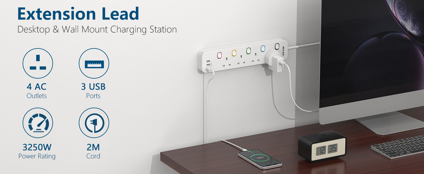 Buy Mscien Extension Lead With USB, 4 Way Universal Sockets 2 USB Charging Ports 3 Meter Including Sockets Individually Switched Power Strip Surge Overload Protection Wall Mountable Extension Cord