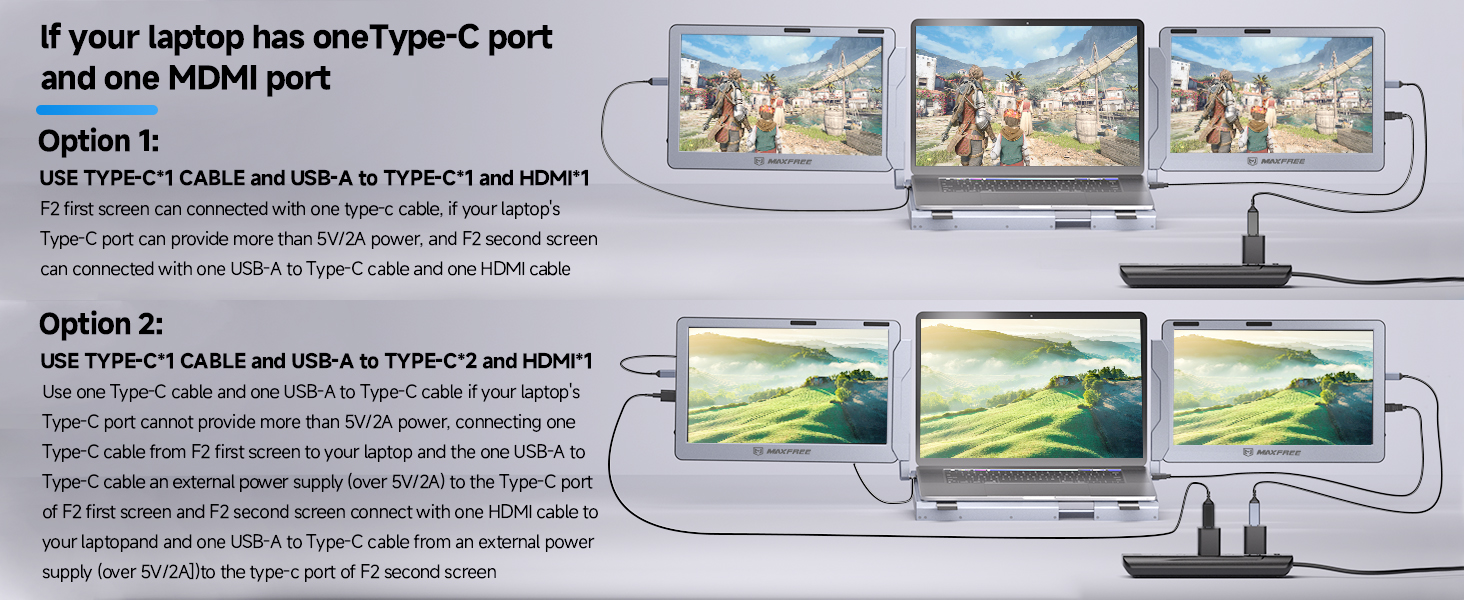 Maxfree F2 Triple Monitor Laptop Screen Extender 14'' Laptop Monitor