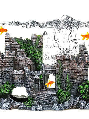 Aquariumdekoration, die antiken Ruinen ähnelt. Steinartige Strukturen mit Bögen und Säulen, konzipiert für Aquarien oder Terrarien.